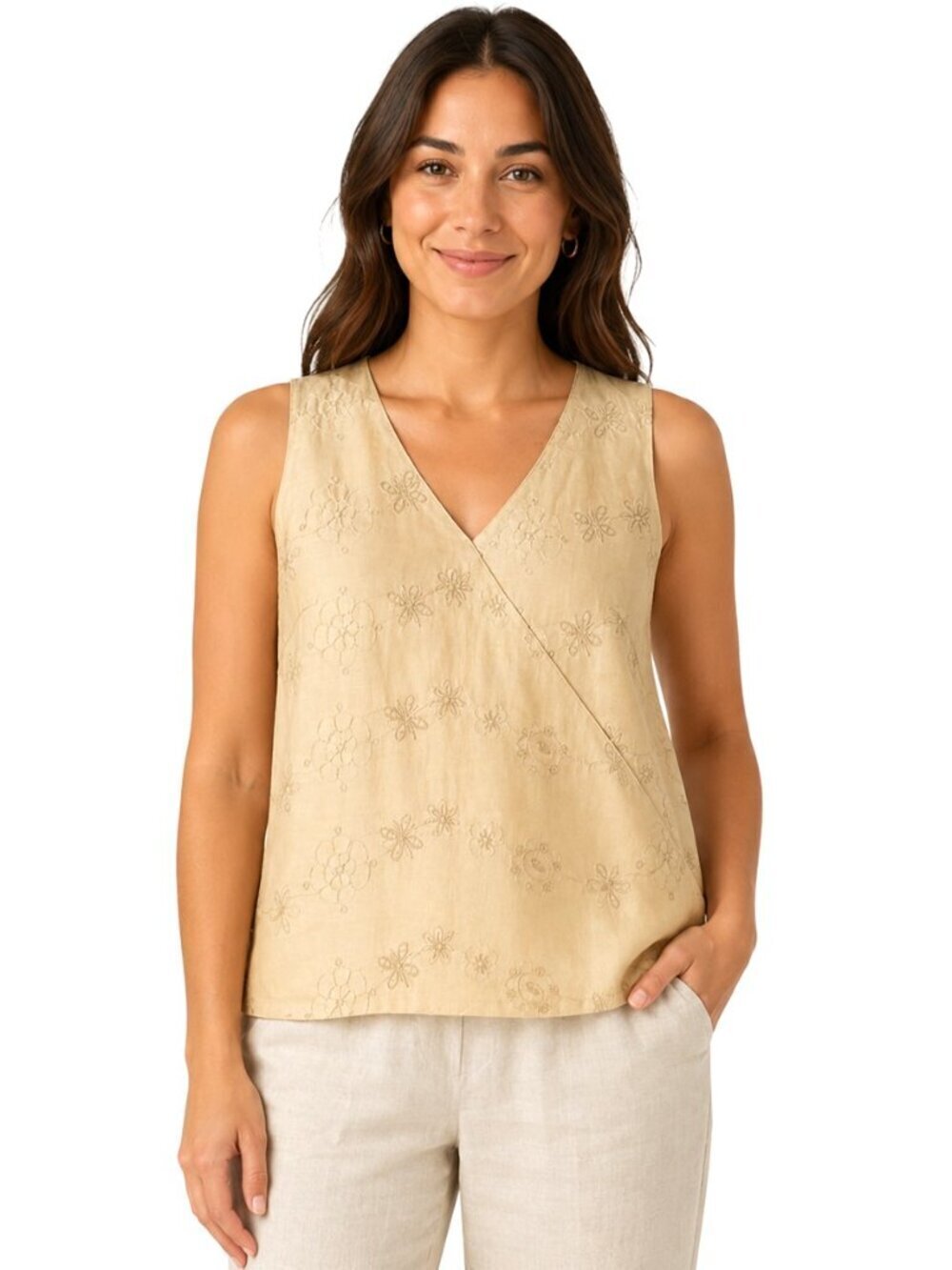Edward Irish Linen Yellow Embroidered Sleeveless Top NWT